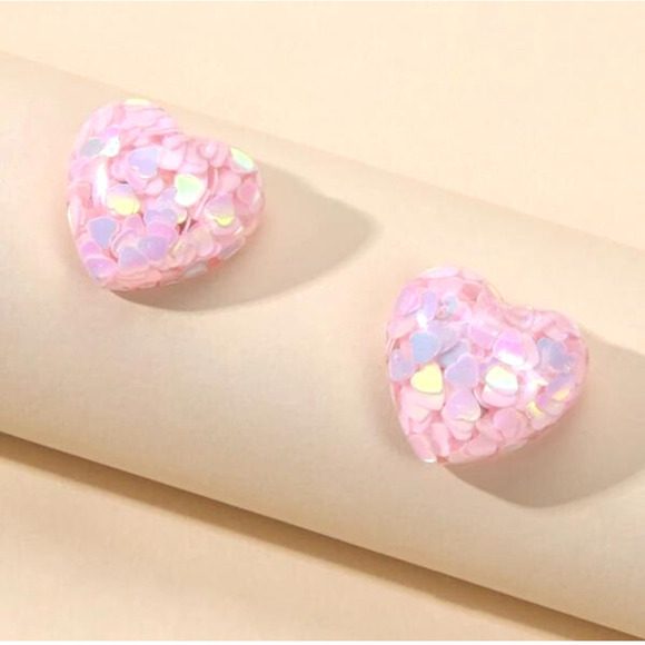 Pastel Pink Stud Earrings Iridescent Heart Posts Pink Heart Shaped Glitter Studs - Picture 5 of 5